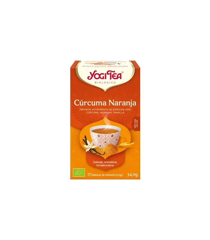 Infusión de YOGI TEA® Cúrcuma Naranja con un tono dorado y aroma suave.