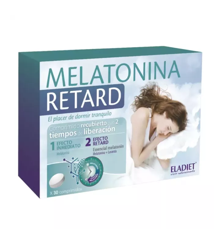 Complemento alimenticio en comprimidos de melatonina y lavanda para mejorar el sueño.
