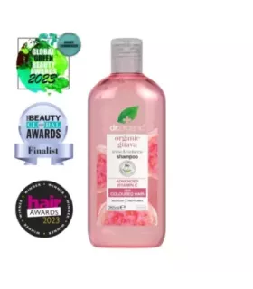 Champú suave voluminizador para cabello teñido con guayaba orgánica y aroma tropical.