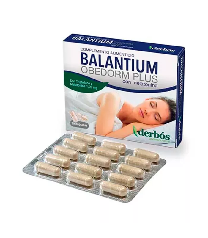 Cápsulas de complemento alimenticio con triptófano y melatonina para mejorar el sueño y aliviar el jet lag.