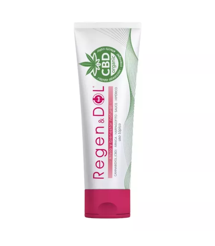 Crema local con cannabidiol y extractos naturales para aliviar músculos y articulaciones.