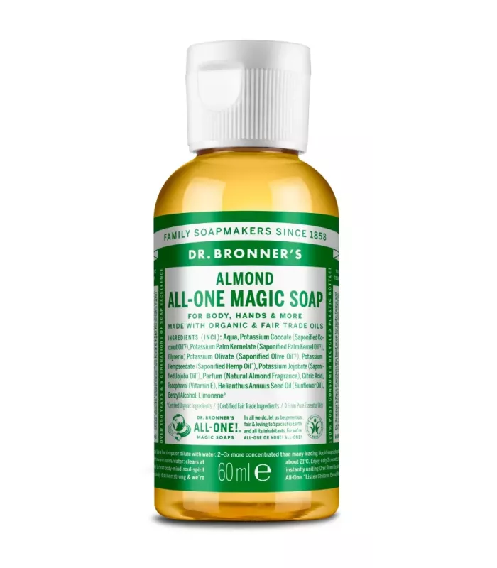 Jabón líquido de almendras Dr. Bronner's 60ml en botella reciclada