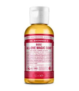Jabón líquido de rosas Dr. Bronner's en botella de 60ml