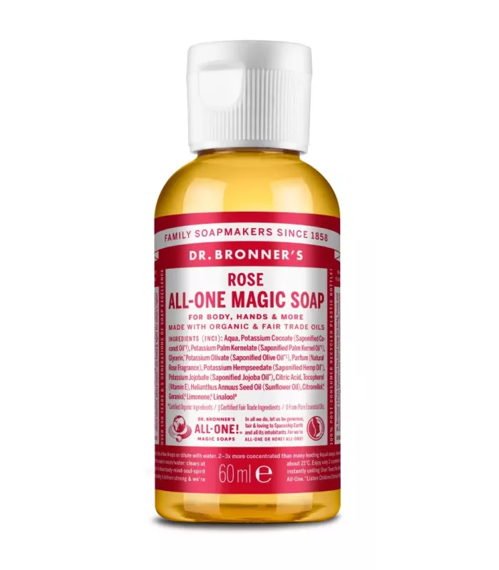 Jabón líquido de rosas Dr. Bronner's en botella de 60ml