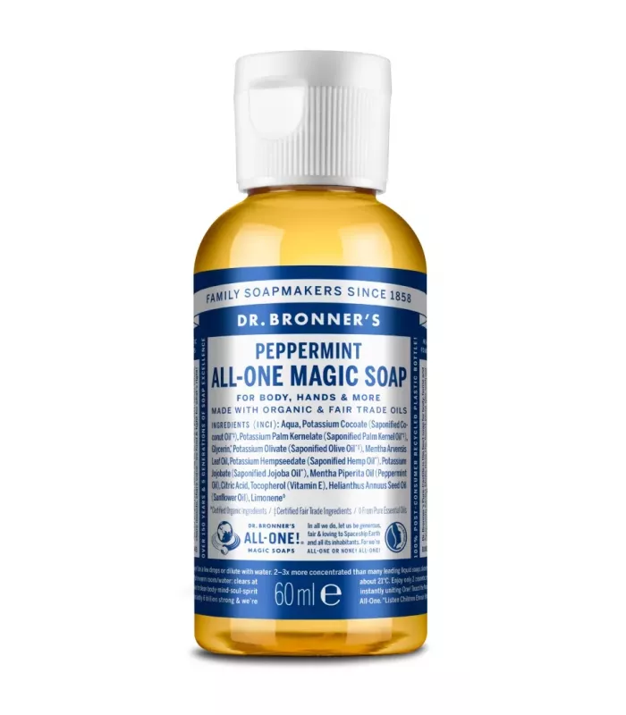 Jabón líquido de menta Dr. Bronner's 60ml en botella reciclada