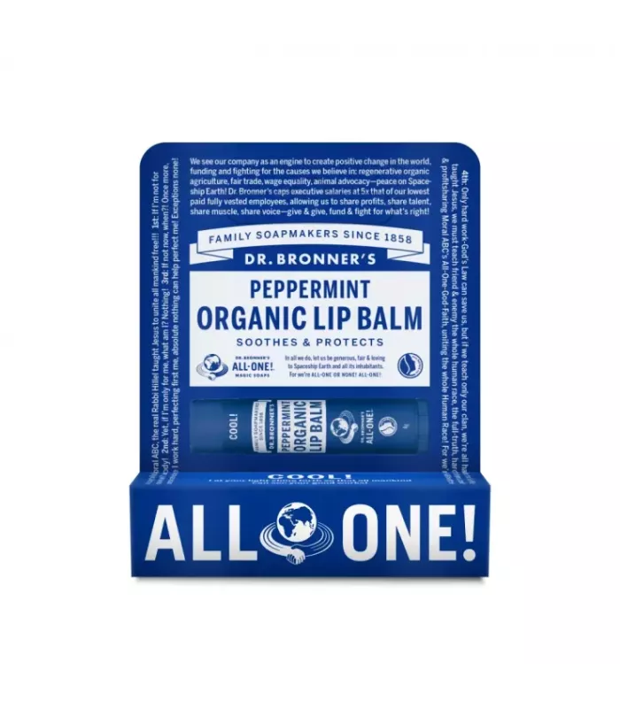 Bálsamo labial orgánico del Dr. Bronner con cera de abeja y aceites hidratantes.