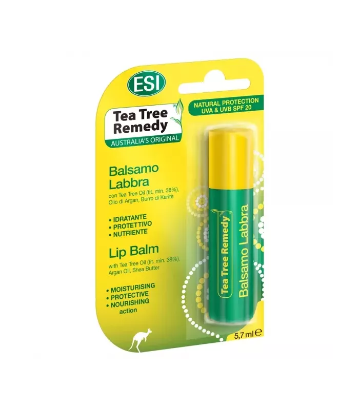 Bálsamo labial hidratante con aceite de Árbol del Té y SPF 20.