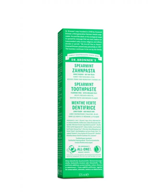 Pasta de dientes Hierbabuena de Dr. Bronner's en envase de cartón reciclado