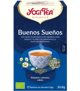 Taza de YOGI TEA® Buenos Sueños con ingredientes relajantes como camomila y lavanda.