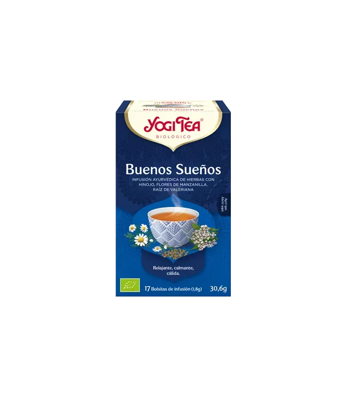 Taza de YOGI TEA® Buenos Sueños con ingredientes relajantes como camomila y lavanda.