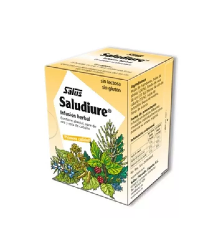Infusión Saludiure con ingredientes naturales como hojas de abedul y hierba de vara de oro.