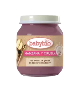 Potito ecológico de manzana y ciruela para bebés a partir de 4 meses.