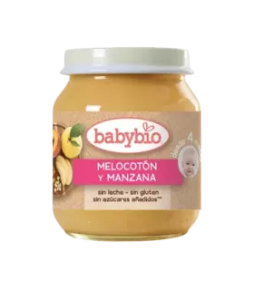 Potito ecológico de melocotón y manzana para bebés a partir de 4 meses.