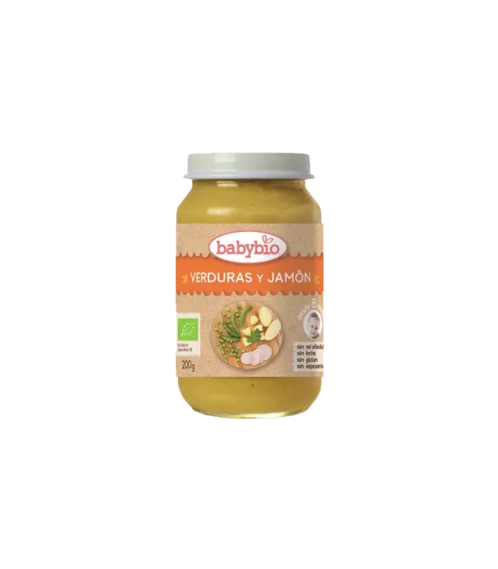 Potito de verduras con jamón ecológico para bebés a partir de 8 meses.