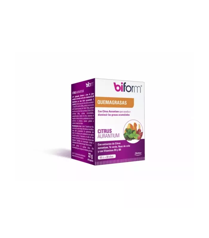 Suplemento alimenticio con Citrus aurantium y vitaminas B5 y B6 para reducir grasas acumuladas.