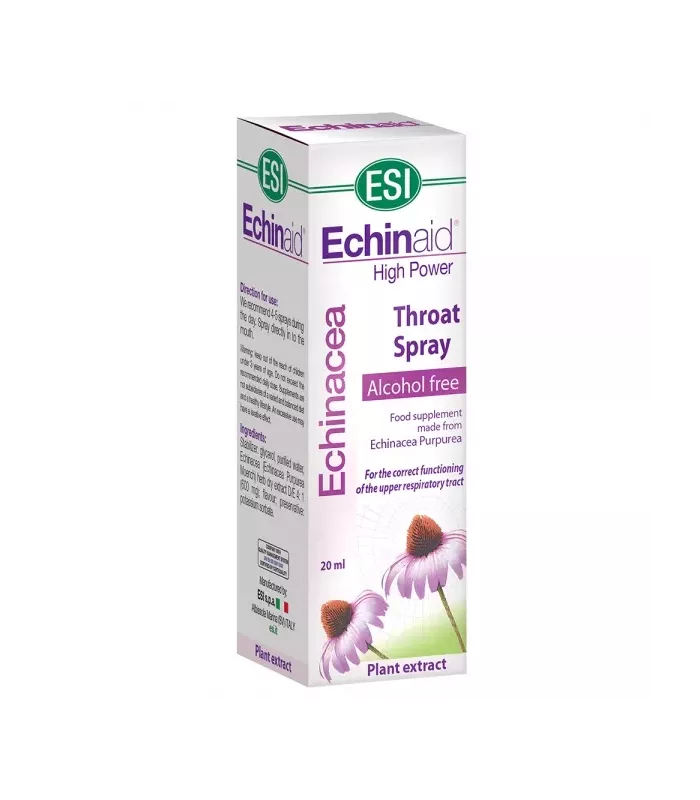 Spray de Equinácea sin alcohol para la garganta con sabor a menta fuerte.