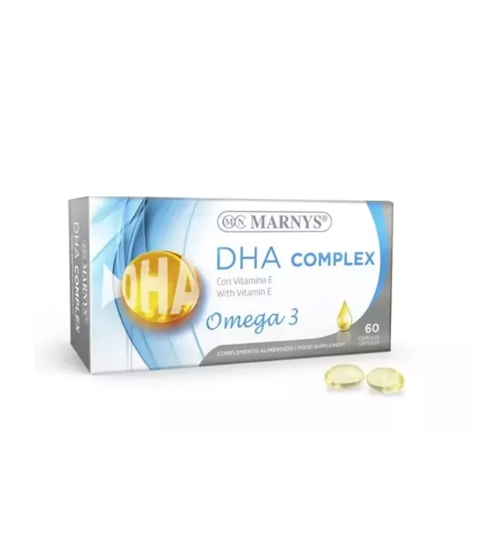 Cápsulas de aceite de pescado ricas en DHA y vitamina E para la salud cerebral y ocular.