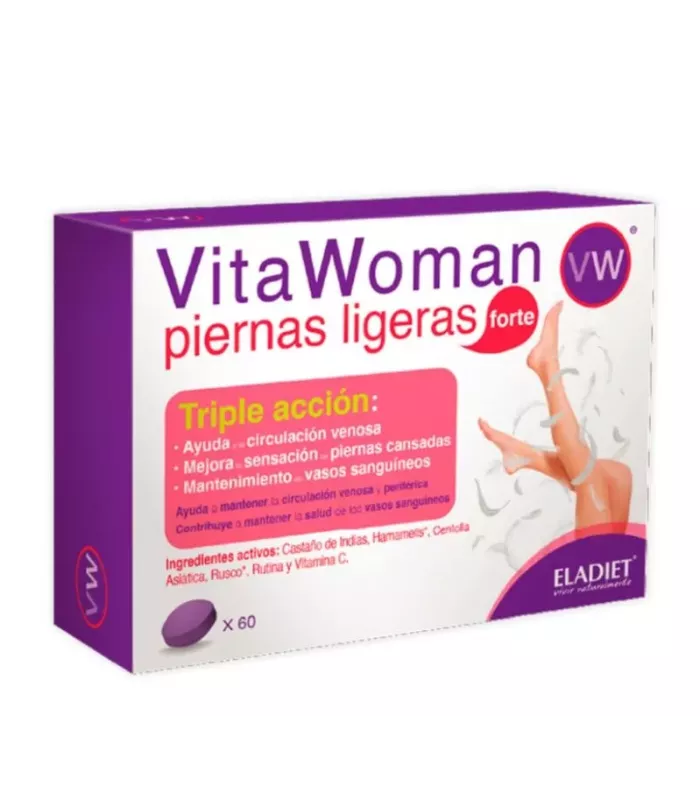 Suplemento Vitawoman Piernas Ligeras Forte de Eladiet para mejorar la circulación y aliviar la sensación de piernas cansadas.