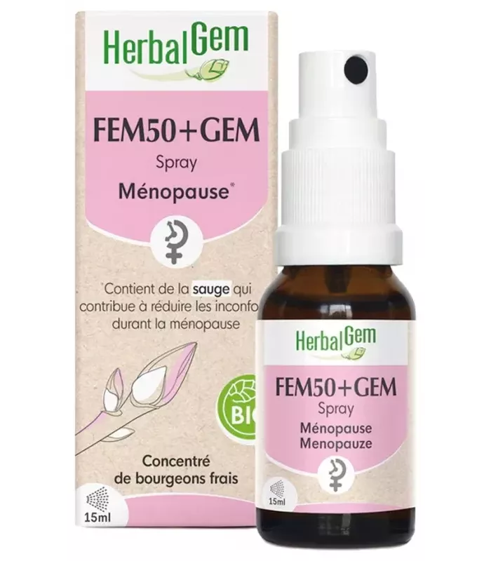 Spray ecológico Fem50+gem de 15 ml para aliviar molestias de la menopausia con salvia.